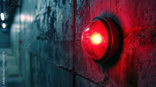 One single simple red alert alarm light on a concrete wall photo