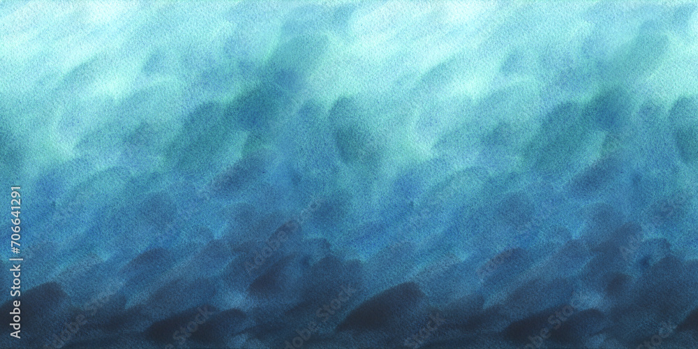 Hand drawn, abstract blue, turquoise watercolor background painting, gradient ocean, sea waves in painted texture with soft washes. Underwater seascape for decoration and design. Seamless border - obrazy, fototapety, plakaty 