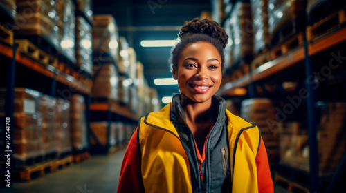 Fotografia Professional loader is African-American woman in warehouse with boxes of goods on shelves