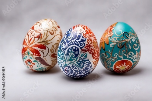 Three standing Easter eggs on white background