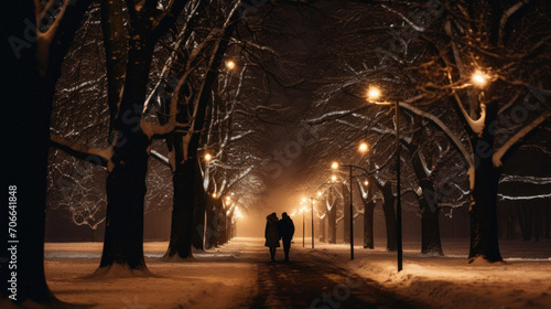 Man walking alone in winter park at night with street lamps and trees.