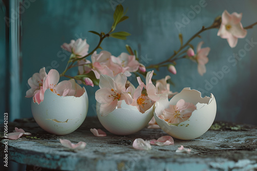 Pink flowers in eggshells on blue background