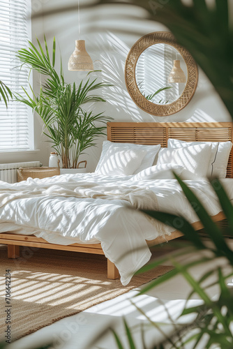 Interior of modern bedroom with comfortable double bed, white pillows and houseplants