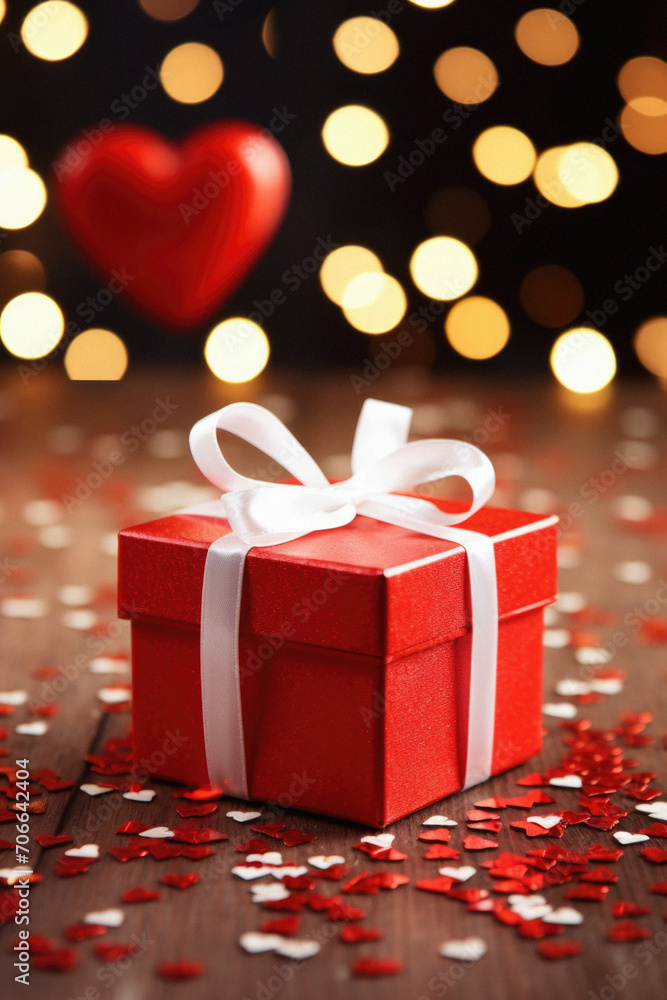 Red gift box with white ribbon and heart on bokeh background.