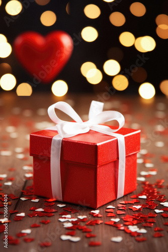 Red gift box with white ribbon and heart on bokeh background. © Synthetica