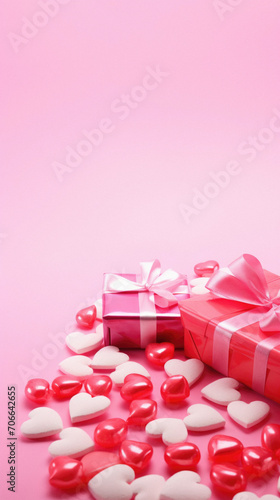 Valentines day background with hearts and gift box on pink background.