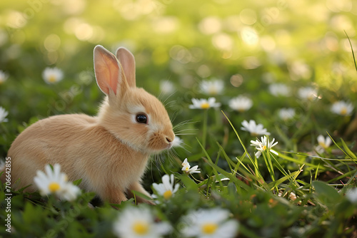 Cute rabbit in the grass with flowers