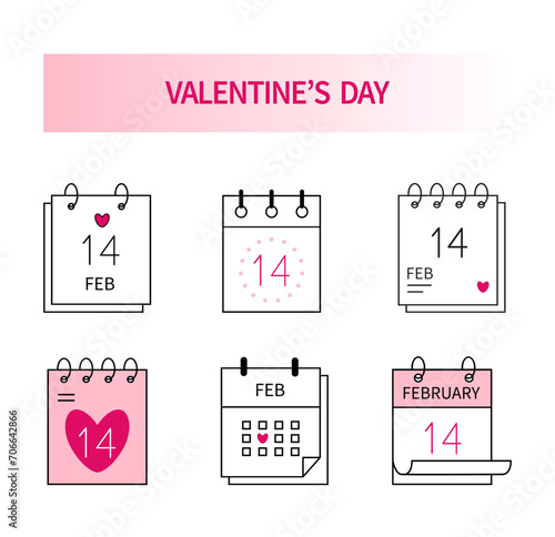 Valentines day calendar  on 14th February  in color soft pink isolated.