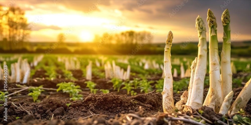 Sundown at an Organic White Asparagus Plantation: Nurtured by Dedicated Farmers, Fresh and Nutrient-Rich Harvests Await, Generative AI