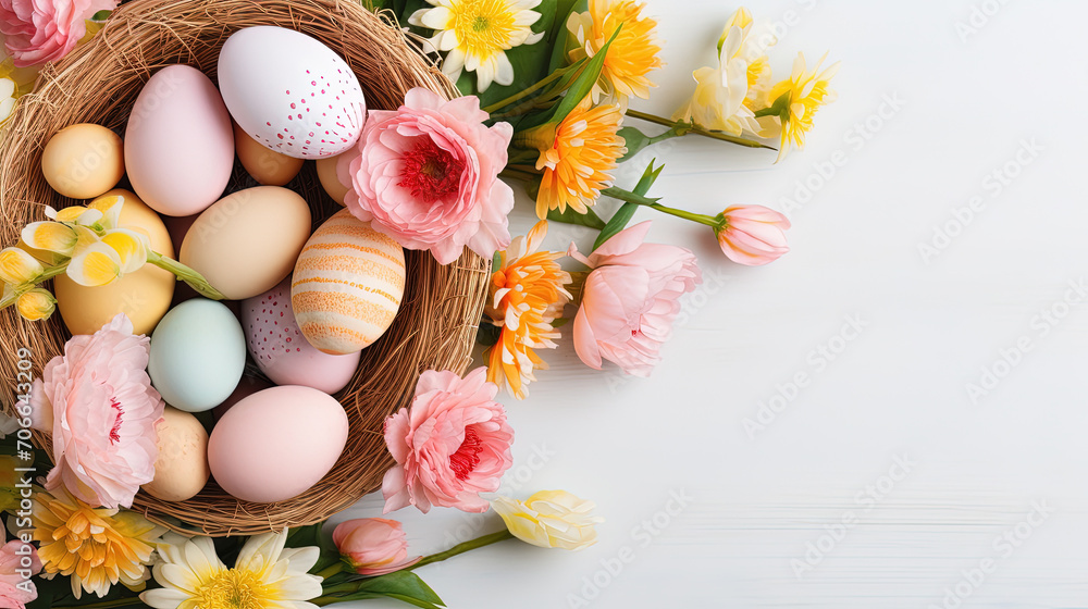 cesta de mimbre conteniendo huevos de pascua de colores rodeada de flores sobre fondo blanco cesta de mimbre conteniendo huevos de pascua de colores rodeada de flores sobre fondo blanco