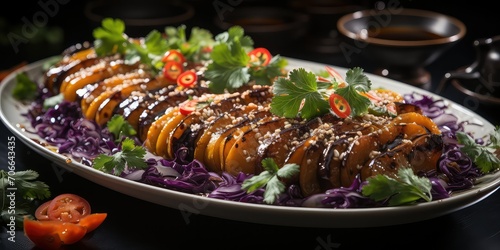 Liang Ban Qie Zi Culinary Artistry, A Visual Symphony of Cold Tossed Eggplants, Embracing Sichuan Spice Elegance.