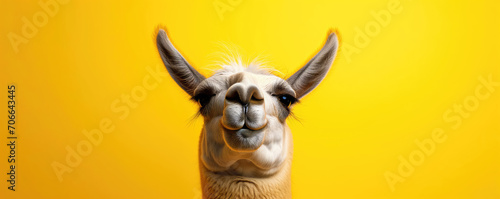 Llama smiling with happy expression and closed eyes on color background