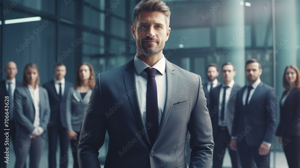 Confident Business Leader Standing in Front of a Professional Team in Office Setting
Confident Business Leader Standing in Front of a Professional Team in Office Setting