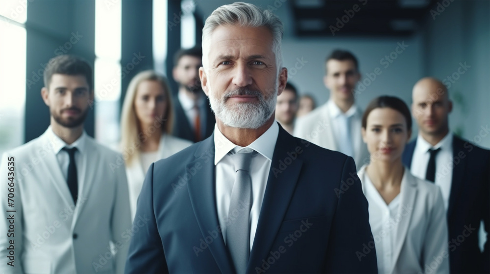 Confident Business Leader Standing with a Motivated Team in a Modern Office
Confident Business Leader Standing with a Motivated Team in a Modern Office