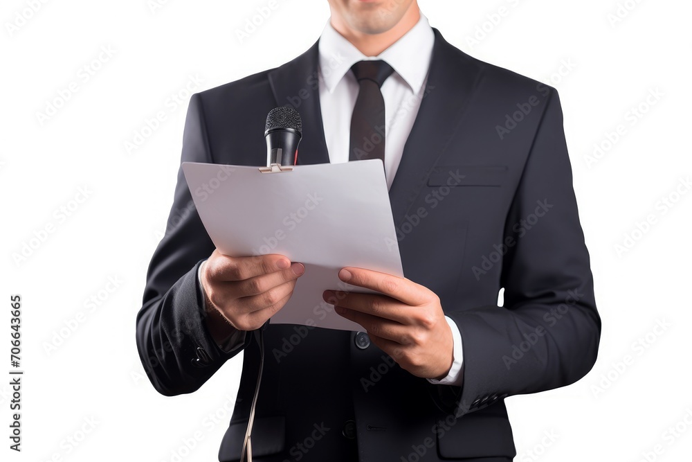 Organized Man holding microphone and clipboard on white. Person man book hold interview. Generate Ai Organized Man holding microphone and clipboard on white. Person man book hold interview. Generate Ai