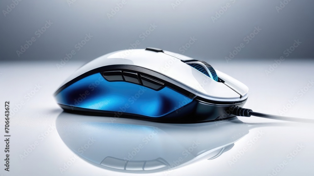 White and blue wired mouse, computer and laptop accessory, on white insulated background White and blue wired mouse, computer and laptop accessory, on white insulated background
