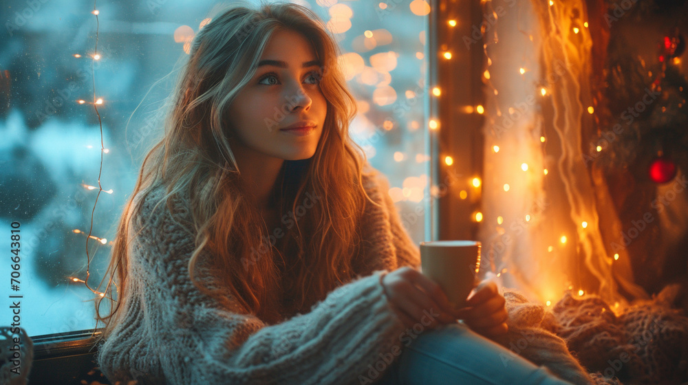 A dreamy twilight scene featuring a woman with long, flowing hair, seated on a vintage window sill, bathed in soft candlelight, and sipping coffee, creating an atmosphere of timele