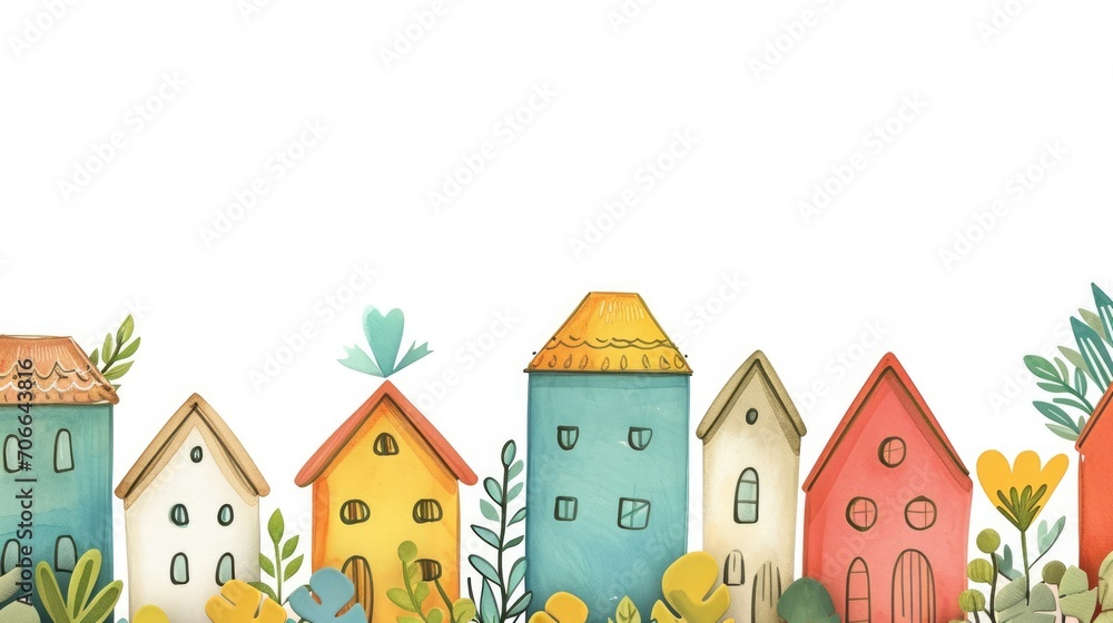 Sales banner with spring colorful houses, watercolor illustration,free copy space