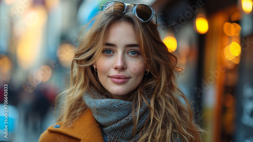 A sophisticated urban setting with a fashionable woman, surrounded by modern architecture, enjoying a cup of coffee at an outdoor café, exuding elegance and cosmopolitan charm.