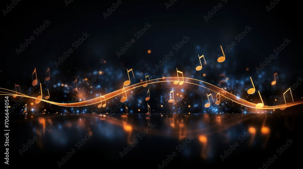 Glowing music sheets notes on beautiful lights bokeh background. - obrazy, fototapety, plakaty 