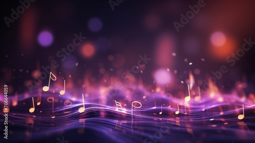 Glowing music sheets notes on beautiful lights bokeh background. photo