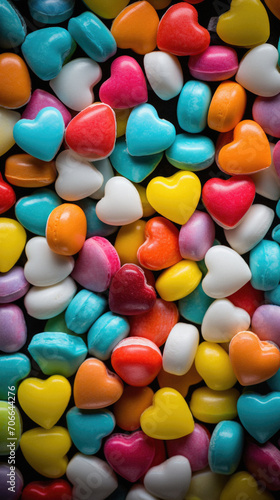 Colorful candies in the form of hearts on a black background.