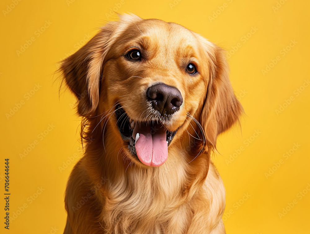 Beautiful young golden retriever smiling and looking at the camera. Golden retriever isolated on a yellow background.