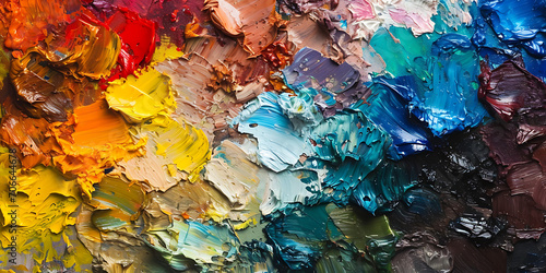 Uma fotografia em close-up de uma paleta cheia de tintas a óleo vibrantes, mostrando os materiais e cores usados na criação de uma obra de arte.