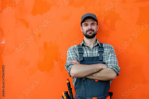 Man with electric tool ready for renovation works on color background