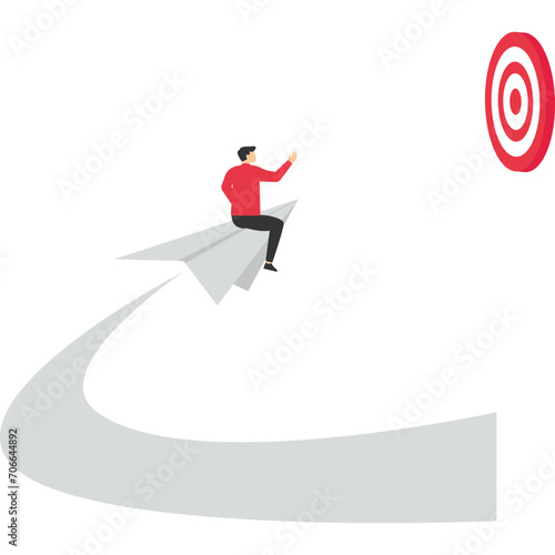 businessman or male character sitting and flying on paper airplane towards target or goal. Target marketing concept  leader in business. flat style vector illustration concept  