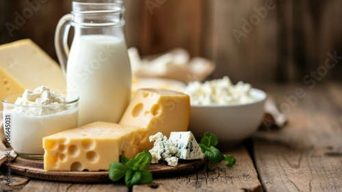 An assortment of Dairy products on a wooden table