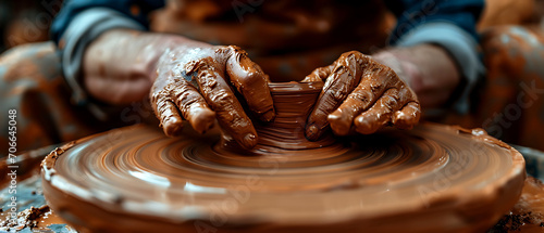 Um close-up das mãos de um oleiro cobertas de argila, habilmente moldando uma escultura de argila em uma roda de oleiro photo