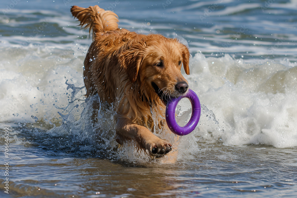 Golden retriever jumps on the waves and carries his purple toy in his mouse along the beach. Golden retriever jumps on the waves and carries his purple toy in his mouse along the beach.