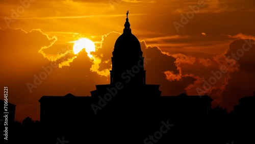 Topeka: Kansas State Capitol Building at Sunset, Time Lapse with Red Sun and Fiery Sky, USA
