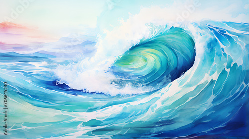 Liquid waves crashing and intertwining, forming a stunning and abstract aquatic spectacle,water wave,Close up of shimmering waves,Abstract watercolor big wave for textures. Fresh, cheerful and relaxin