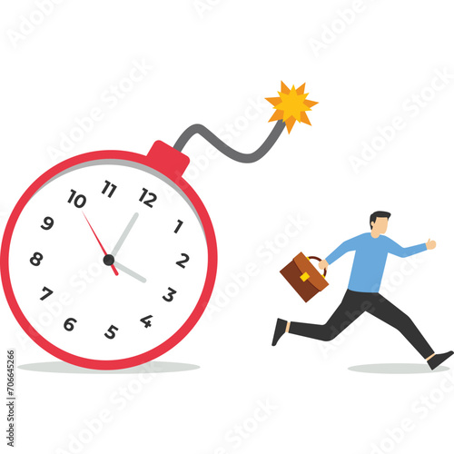 Time management concept. Businessman running away from time countdown bomb about to explode. countdown of project deadlines or problems or difficulties to deliver or launch a product concept.

