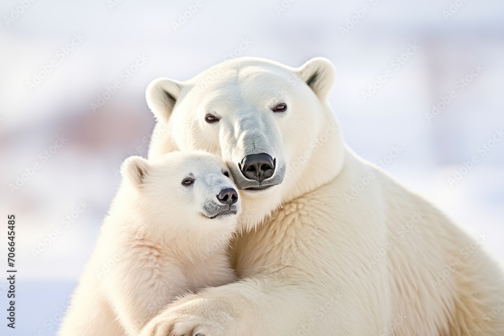 A photo of mother polar bear and her cub. Concept of love, Mother's Day, motherhood, fatherhood, parenting and wildlife conservation and protection A photo of mother polar bear and her cub. Concept of love, Mother's Day, motherhood, fatherhood, parenting and wildlife conservation and protection
