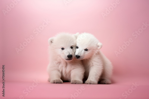 Two little polar bear cubs sitting together and cuddling against a solid pink background with copy space for text. Concept of love, romance, Valentine's Day. For banner, poster, card, postcard
