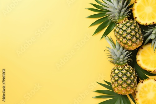 Ripe sliced pineapples on yellow background