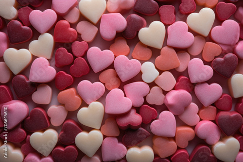 Colorful heart shaped sugar candies for Valentine's day background.