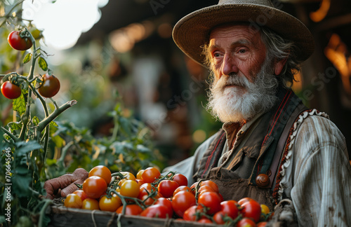 Man in Hat Holds Crate of Tomatoes Outdoors for Display. A man wearing a hat holds a crate filled with ripe red tomatoes.