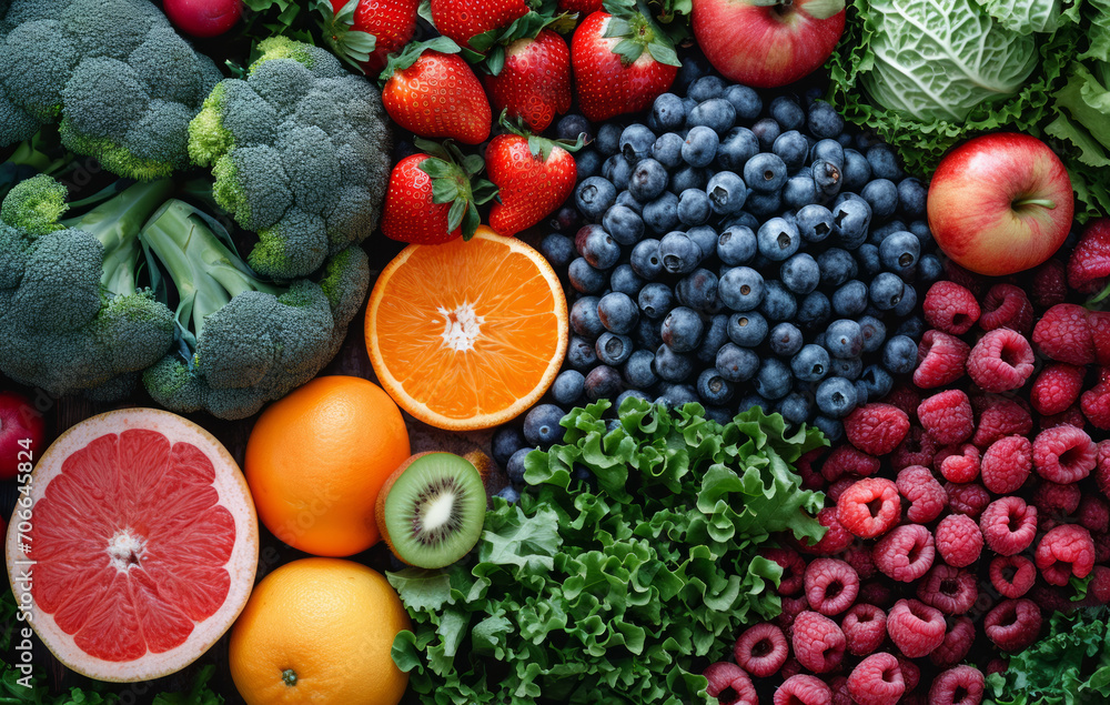 Circle of Fresh and Colorful Fruits and Vegetables. A vibrant assortment of various fruits and vegetables arranged in a captivating circle. - obrazy, fototapety, plakaty 