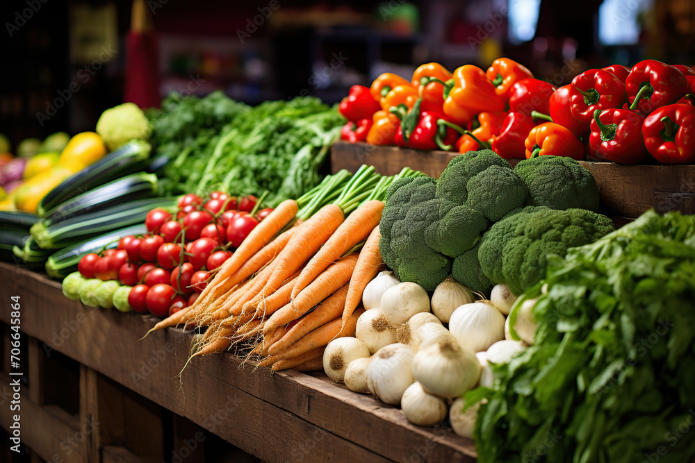 Assortment of ripe vegetables on the market counter