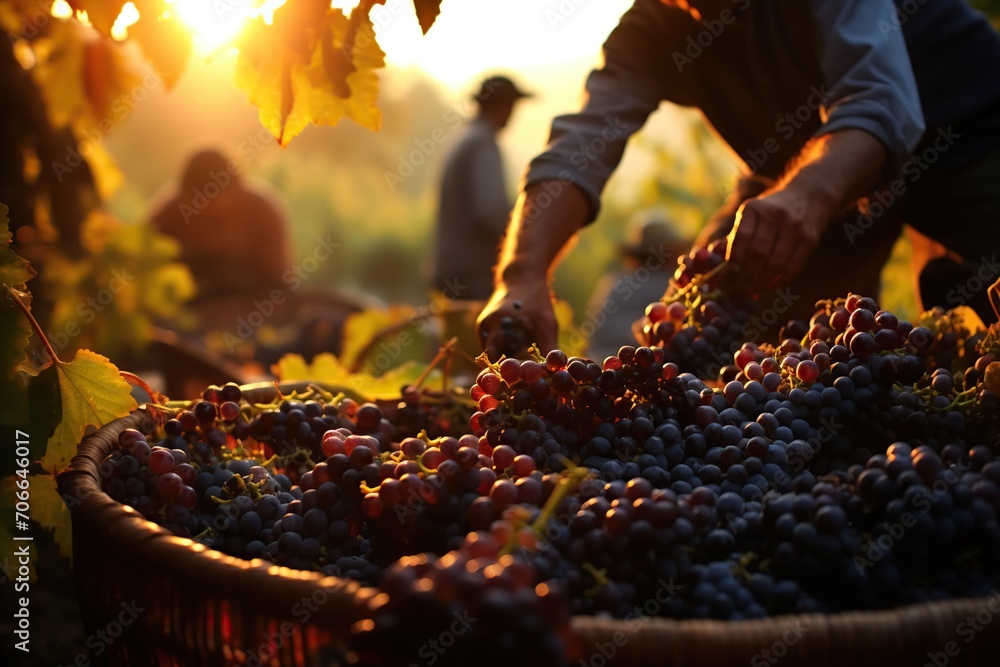 Ripe grape harvest in basket on sunset lights - obrazy, fototapety, plakaty 