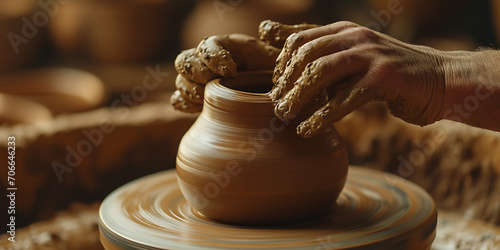 Um close-up das mãos de um oleiro moldando delicadamente um vaso de argila em uma roda de oleiro, destacando a natureza tátil da cerâmica.