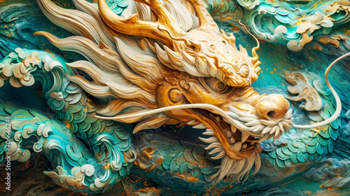 Carved Wooden Chinese Dragon in Blue and Gold
