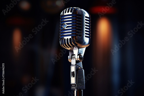 Retro style microphone on blurred background