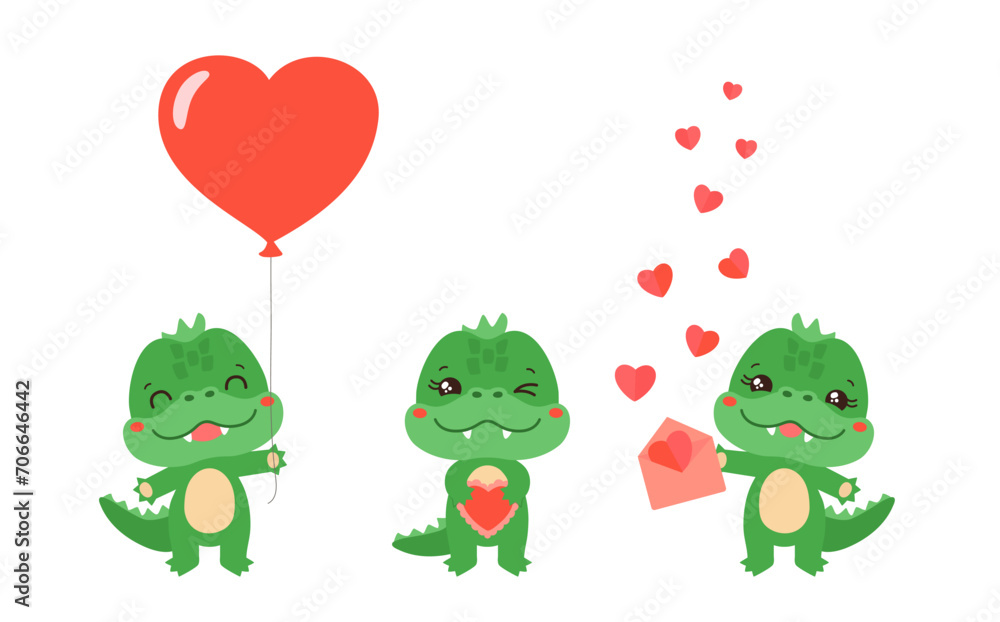 Fototapeta premium Cute valentine animal vector illustration. Kawaii crocodile holding heart shape balloon, cake, envelope paper hearts. Cartoon dinosaur little dragon character. Love mascot for valentine day greeting.