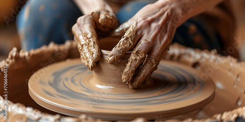 Um close-up das mãos de um oleiro moldando delicadamente um vaso de argila em uma roda de oleiro, destacando a natureza tátil da cerâmica. photo