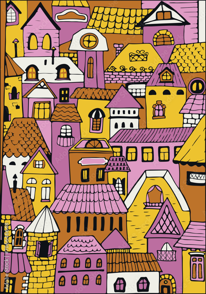 Fototapeta premium pattern townhouses cottages, European houses in cartoon style. Old city. Vector illustration